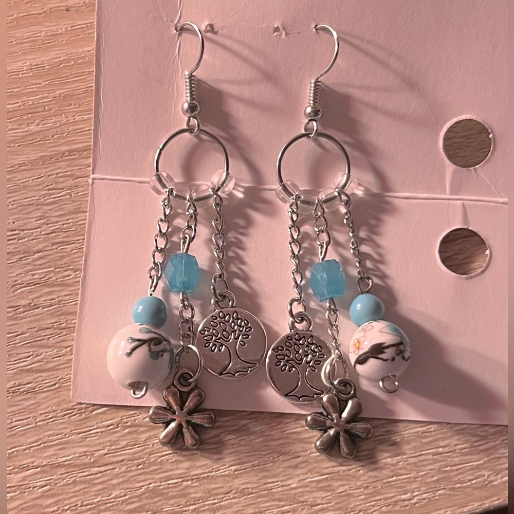 Handmade Blue Ceramic Glass Chain Beaded Earring 💙
